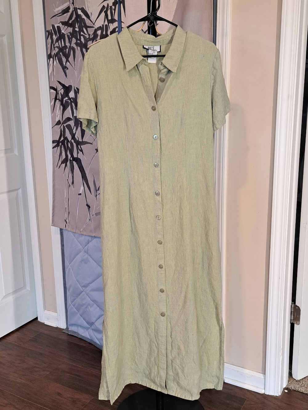VTG Bice by Sag Harbor Sz L 100% Linen Dress Button Up Lime Green/blue Comfort